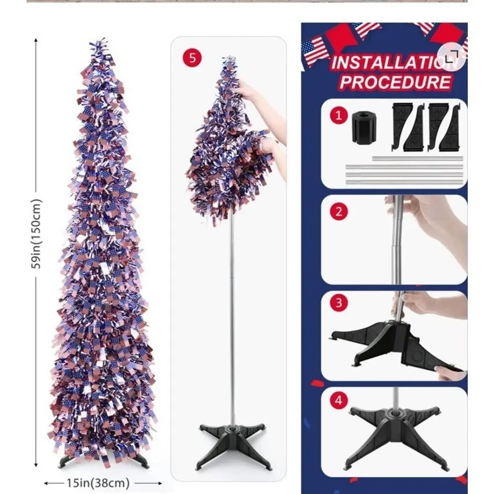5FT 4Th of July Patriotic Pop-Up Decorations Tinsel Tree,Usa 250Th Anniversary